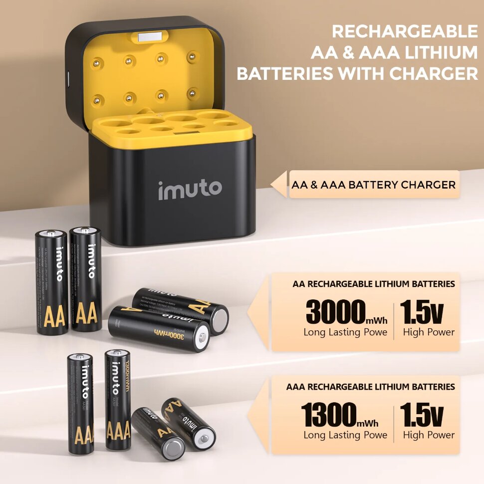 Аккумуляторные батарейки Imuto AA 4200mWh 4шт + AAA 1300mWh 4шт + зарядный кейс