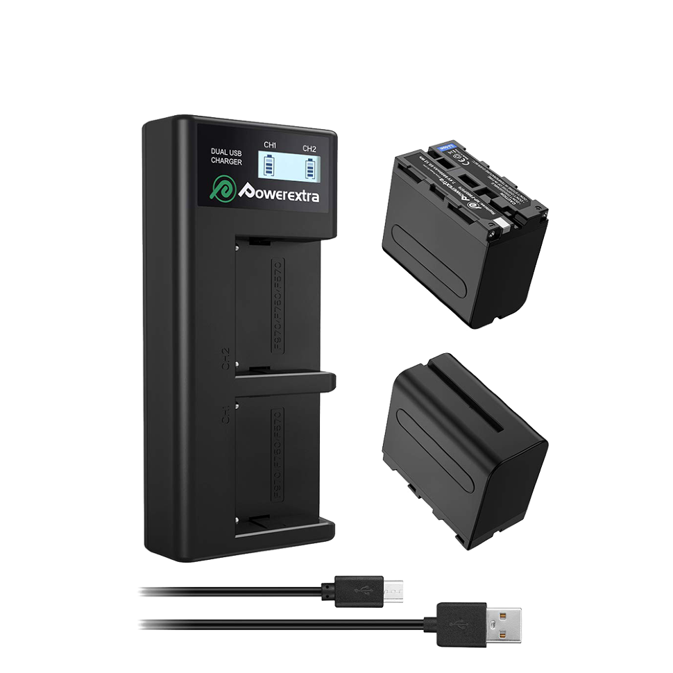 2 аккумулятора NP-F970 + зарядное устройство Powerextra SN-F970LCD-B (micro USB) 